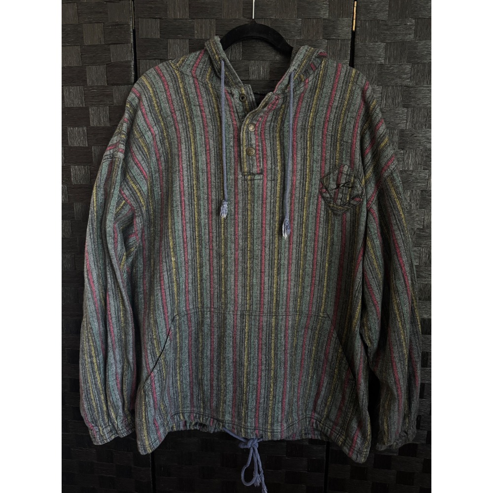 Rusty Hoodie Mens XL Multi Color Striped Woven Henley Pullover Baja Surf Skate